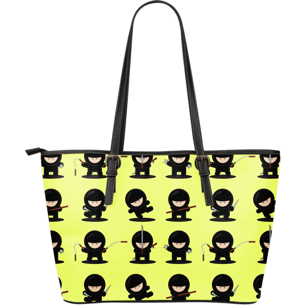 Cute Ninja Yellow Background Large Leather Tote Bag
