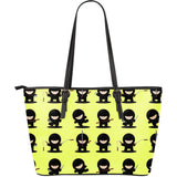 Cute Ninja Yellow Background Large Leather Tote Bag