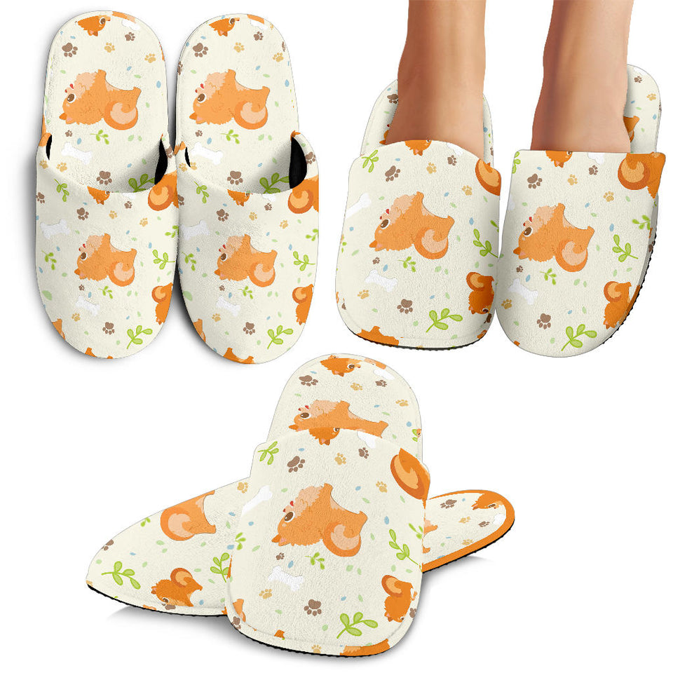 Cute Brown Pomeranian Paw Leave Bone Pattern Slippers