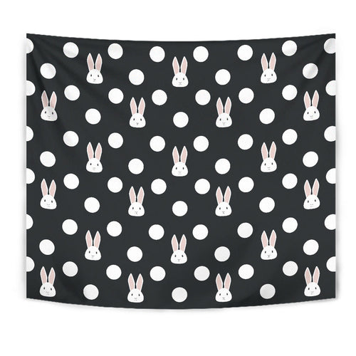 Cute White Rabbit Polka Dots Black Background Wall Tapestry