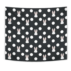 Cute White Rabbit Polka Dots Black Background Wall Tapestry