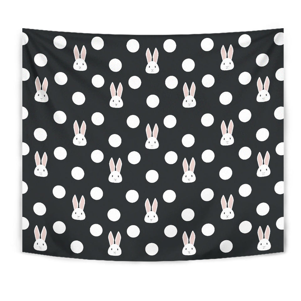 Cute White Rabbit Polka Dots Black Background Wall Tapestry