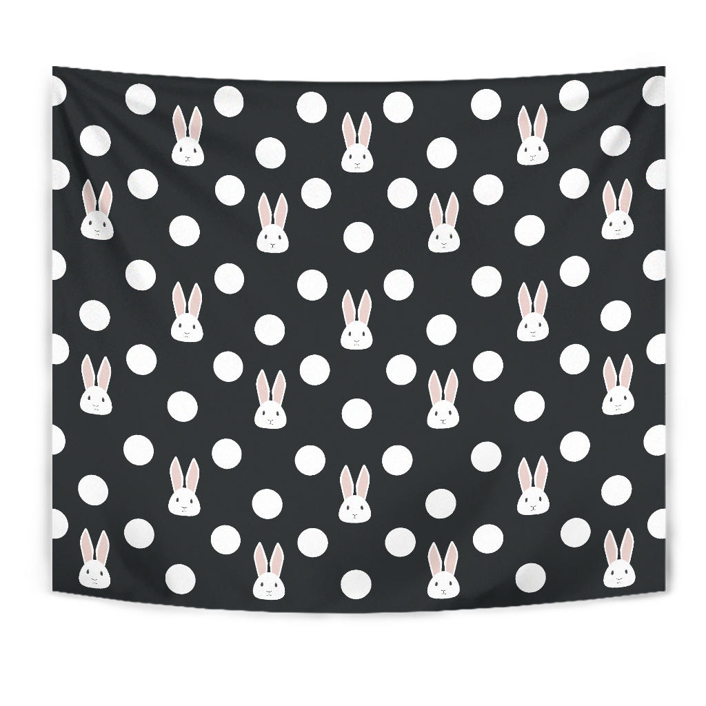 Cute White Rabbit Polka Dots Black Background Wall Tapestry