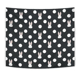 Cute White Rabbit Polka Dots Black Background Wall Tapestry