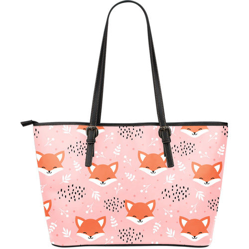 Cute Fox Pattern Pink Background Large Leather Tote Bag