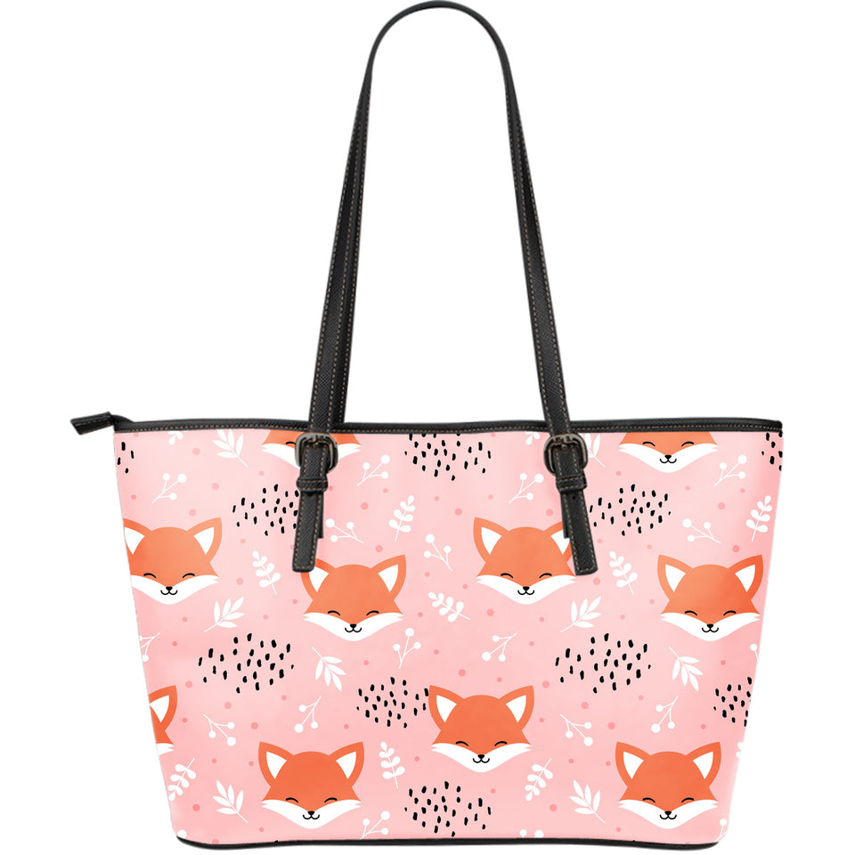 Cute Fox Pattern Pink Background Large Leather Tote Bag