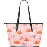 Cute Fox Pattern Pink Background Large Leather Tote Bag