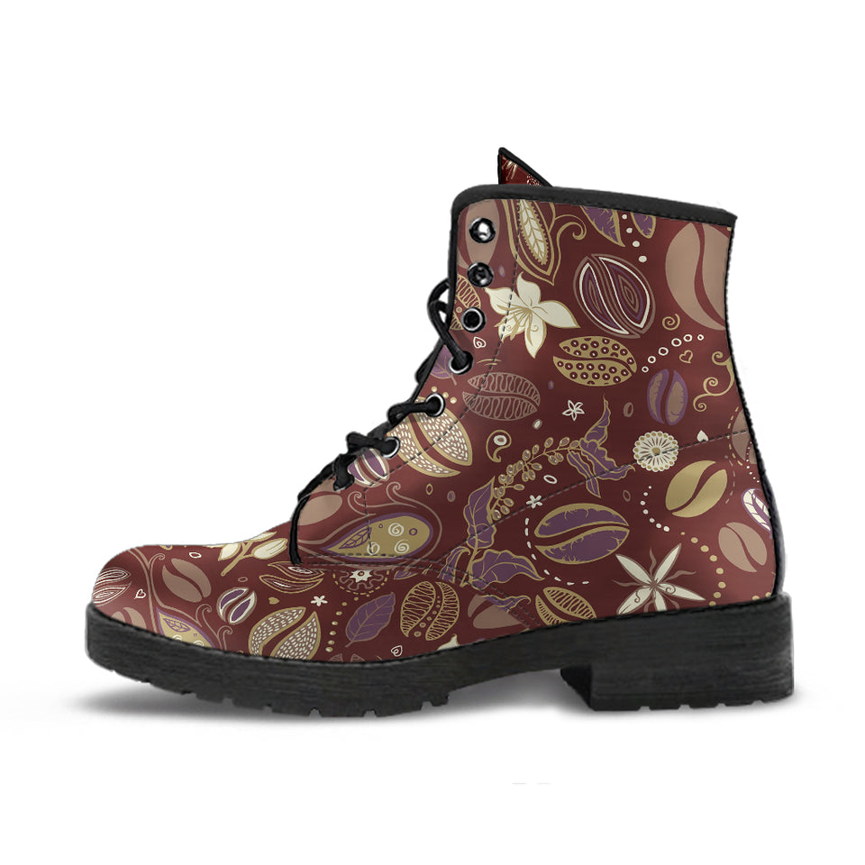 Coffee Bean Flower Pattern Leather Boots