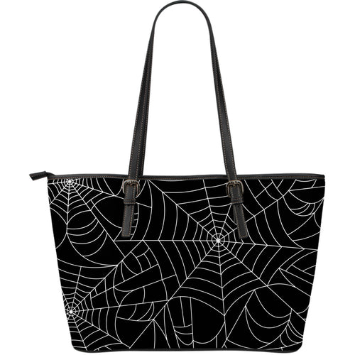 Spider Web Pattern Black Background White Cobweb Large Leather Tote Bag
