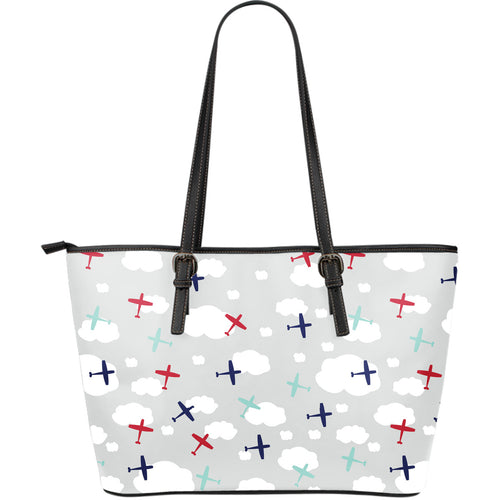 Airplane Cloud Grey Background Large Leather Tote Bag