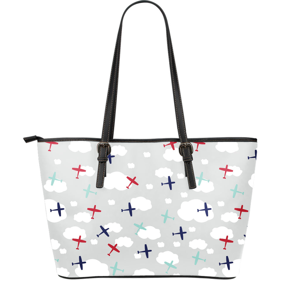 Airplane Cloud Grey Background Large Leather Tote Bag