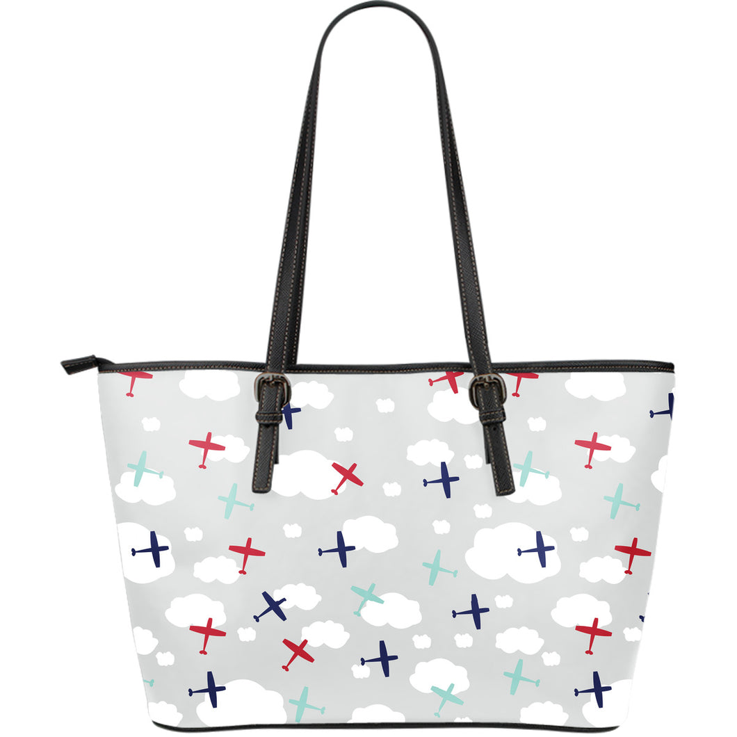 Airplane Cloud Grey Background Large Leather Tote Bag