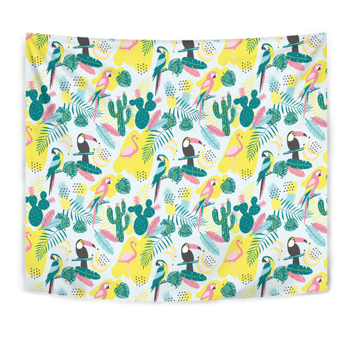 Cute Parrot Toucan Flamingo Cactus Exotic Leaves Pattern Wall Tapestry