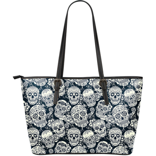 Sugar Skull Black White Pattern Large Leather Tote Bag