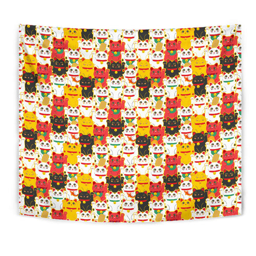 Colorful Maneki Neko Lucky Cat Pattern Wall Tapestry