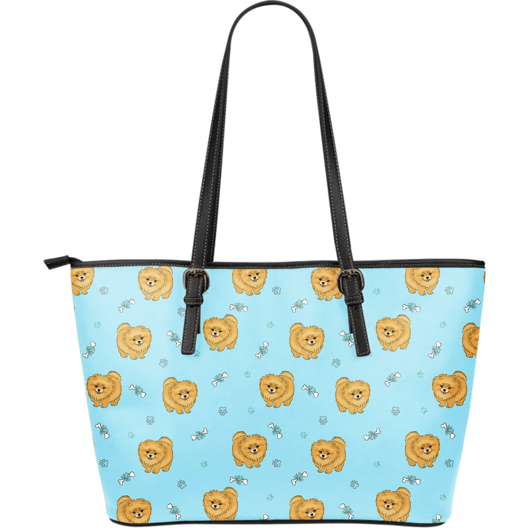 Brown Cute Pomeranian Blue Blackground Large Leather Tote Bag