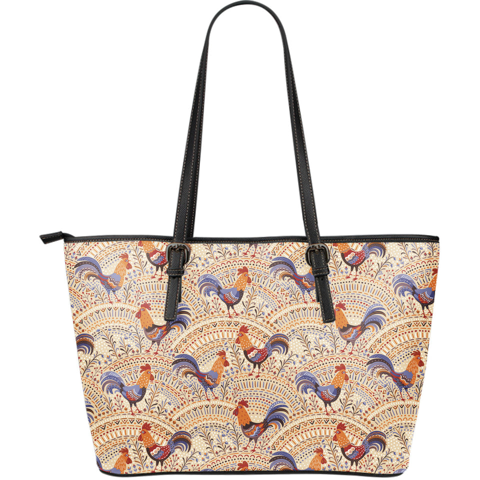 Cute Rooster Chicken Cock Floral Ornament Background Large Leather Tote Bag