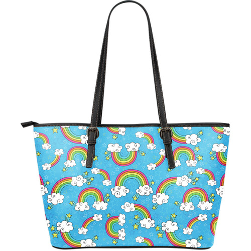 Rainbows Sky Clouds Pattern Large Leather Tote Bag