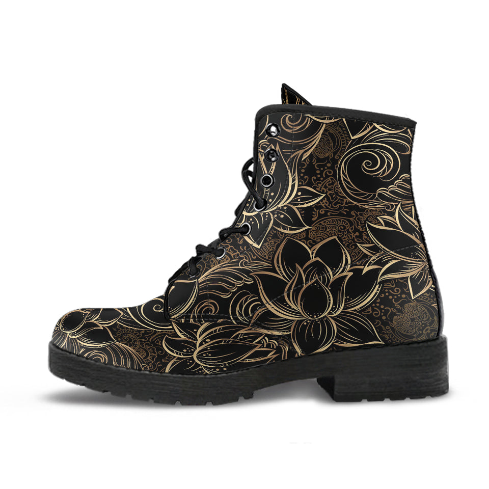 Luxurious Gold Lotus Waterlily Black Background Leather Boots
