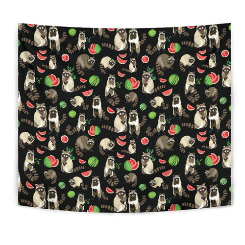 Raccoon Watermelon Pattern Wall Tapestry