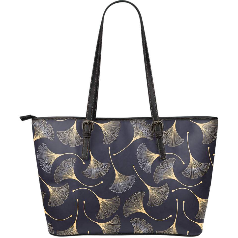 Gold Ginkgo Leaves Large Leather Tote Bag