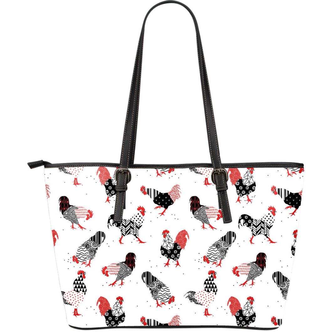 Cool Rooster Chicken Cock Floral Ornament Background Large Leather Tote Bag
