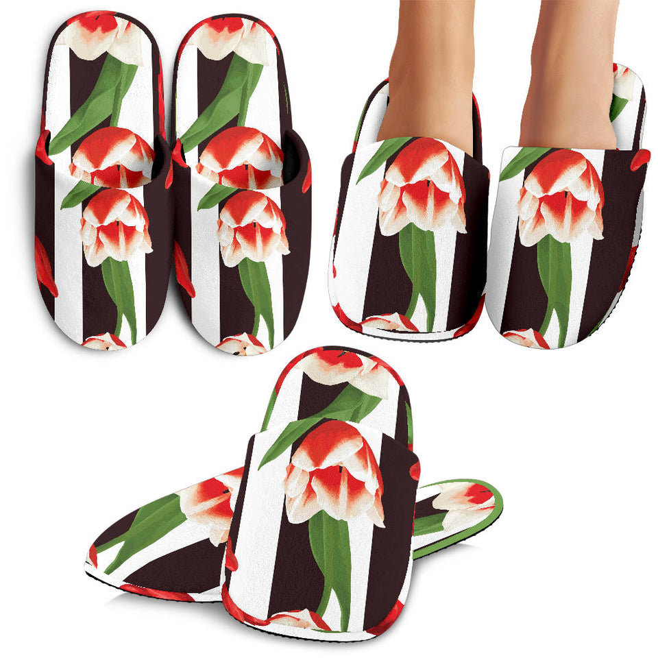 Red And White Tulips Pattern Slippers