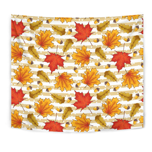 Maple Leaf Oak Leaf Acorns Beige Striped Background Wall Tapestry