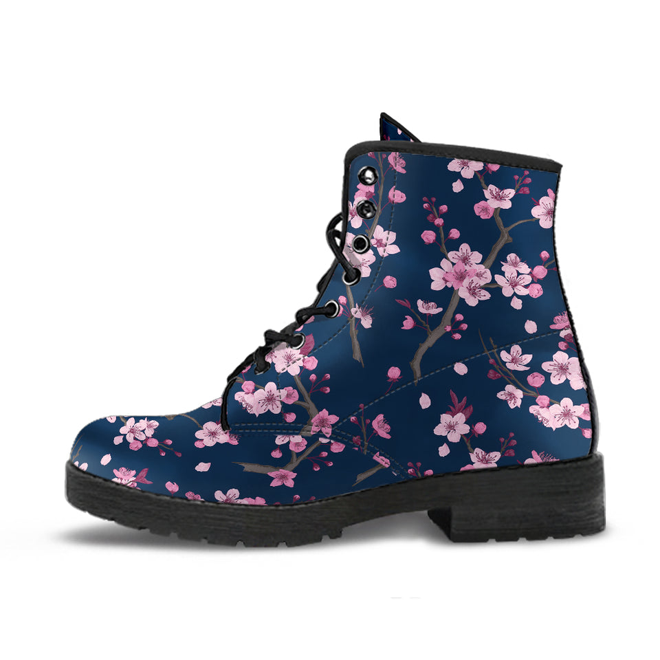 Pink Sakura Cherry Blossom Blue Background Leather Boots