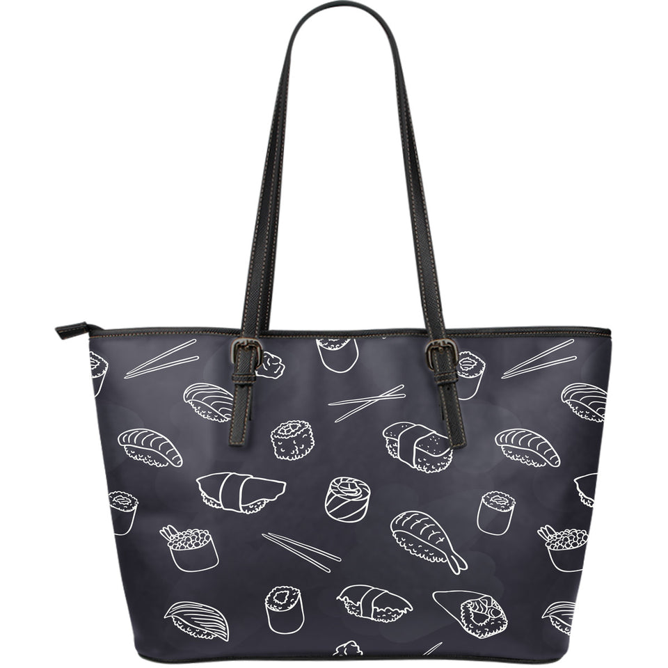 Sushi Pattern Black Background Large Leather Tote Bag