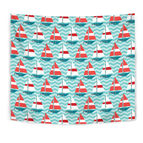 Red White Sailboat Wave Background Wall Tapestry
