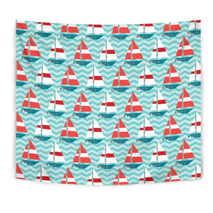 Red White Sailboat Wave Background Wall Tapestry