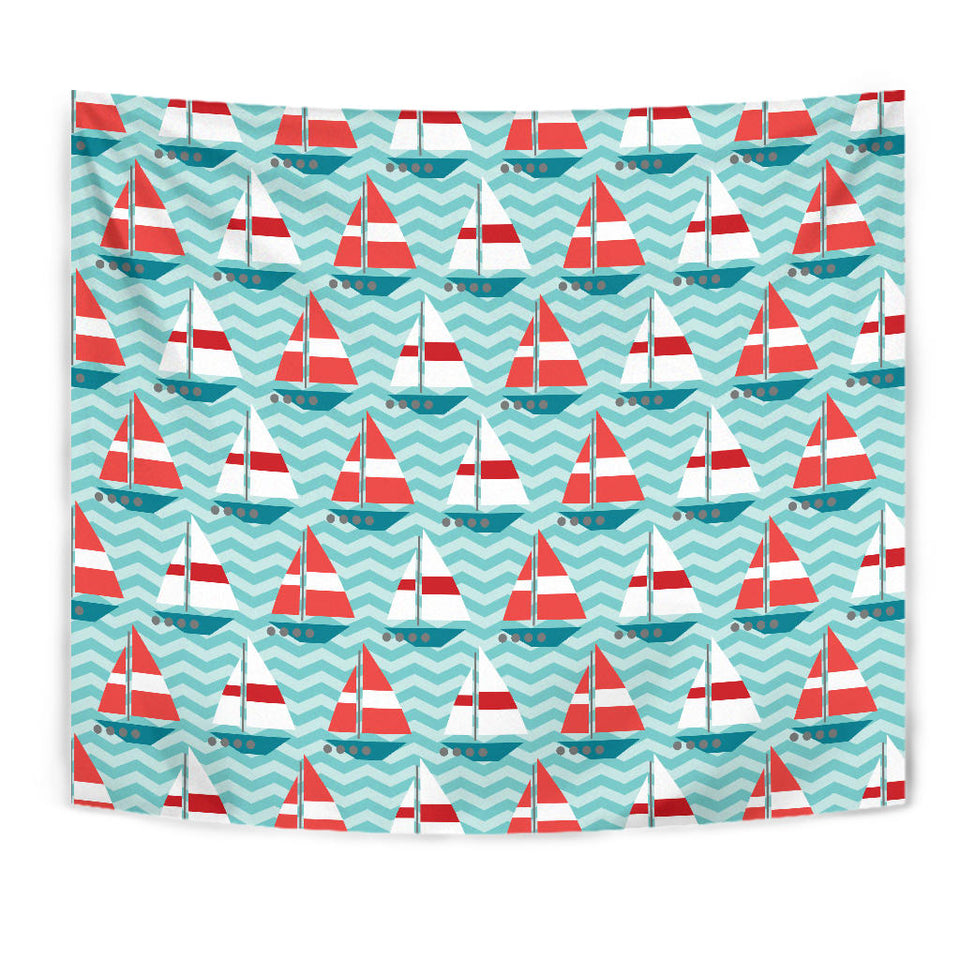 Red White Sailboat Wave Background Wall Tapestry