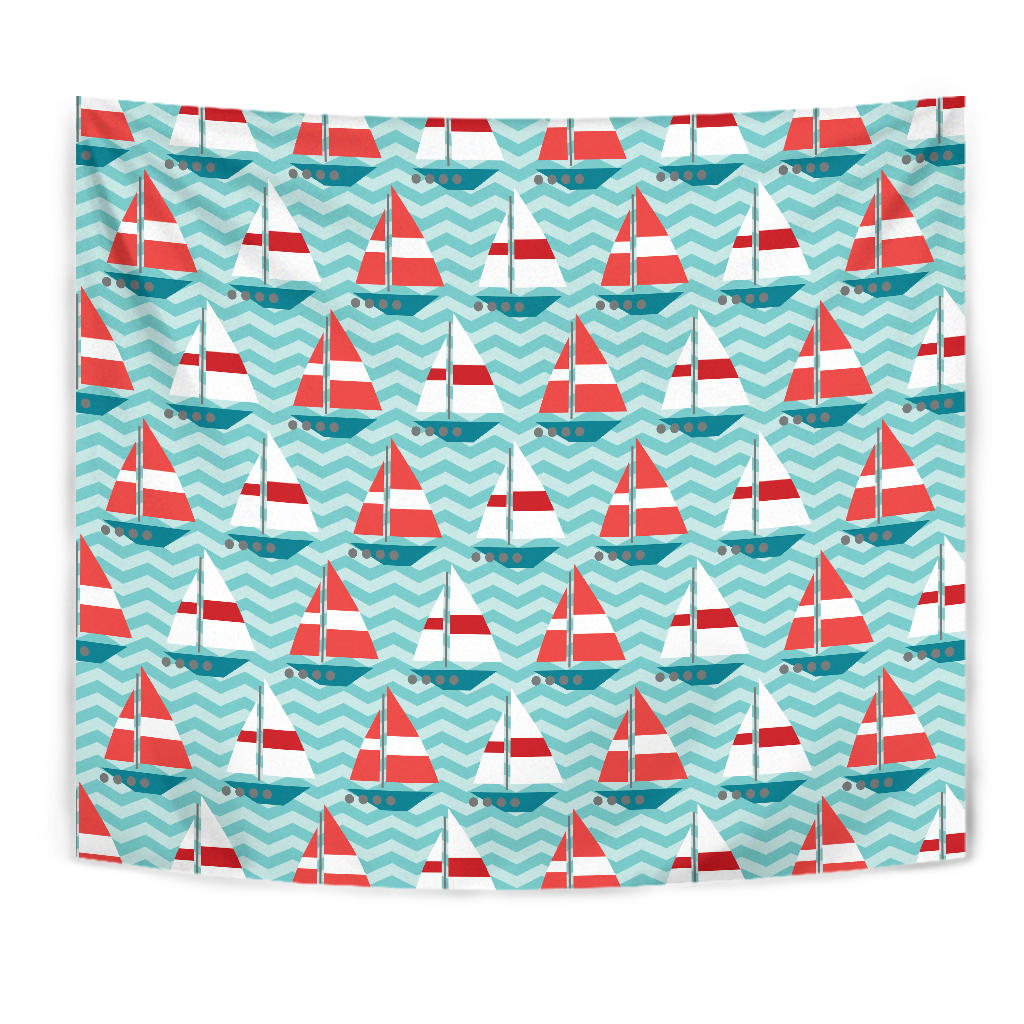 Red White Sailboat Wave Background Wall Tapestry