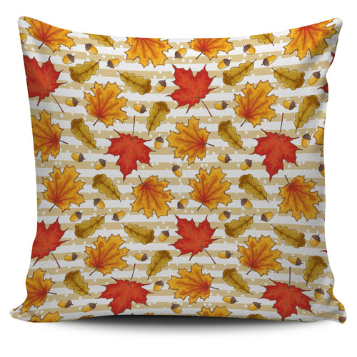 Maple Leaf Oak Leaf Acorns Beige Striped Background Pillow Cover