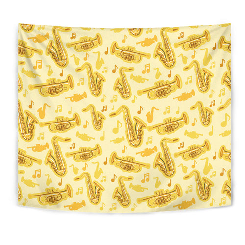Saxophone Cornet Pattern Yellow Background Wall Tapestry
