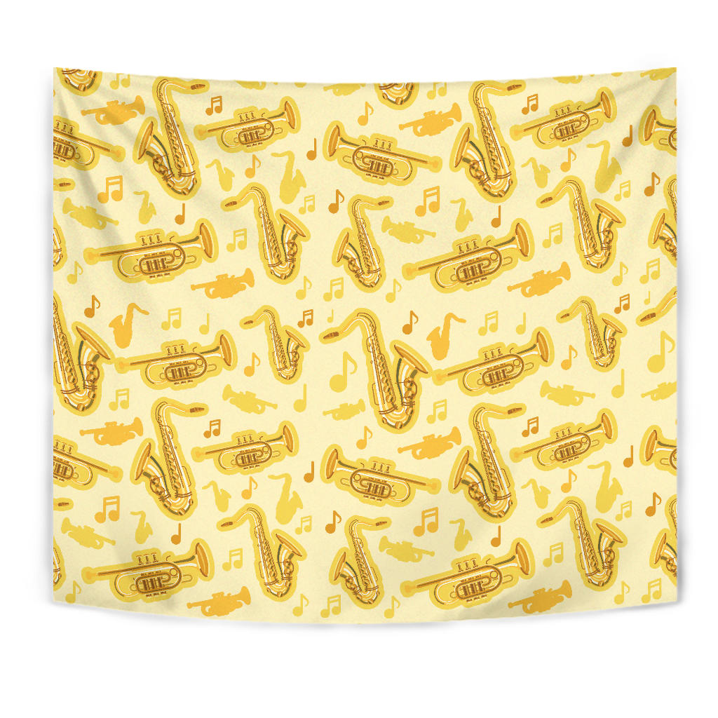 Saxophone Cornet Pattern Yellow Background Wall Tapestry