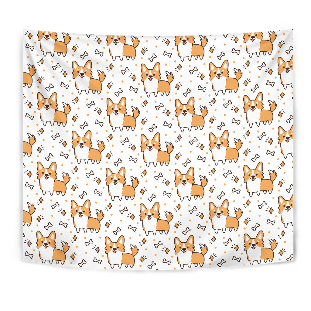 Cute Corgi Heart Star Bone Pattern Wall Tapestry