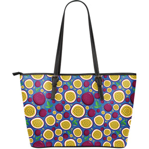 Passion Fruit Blue Background Large Leather Tote Bag