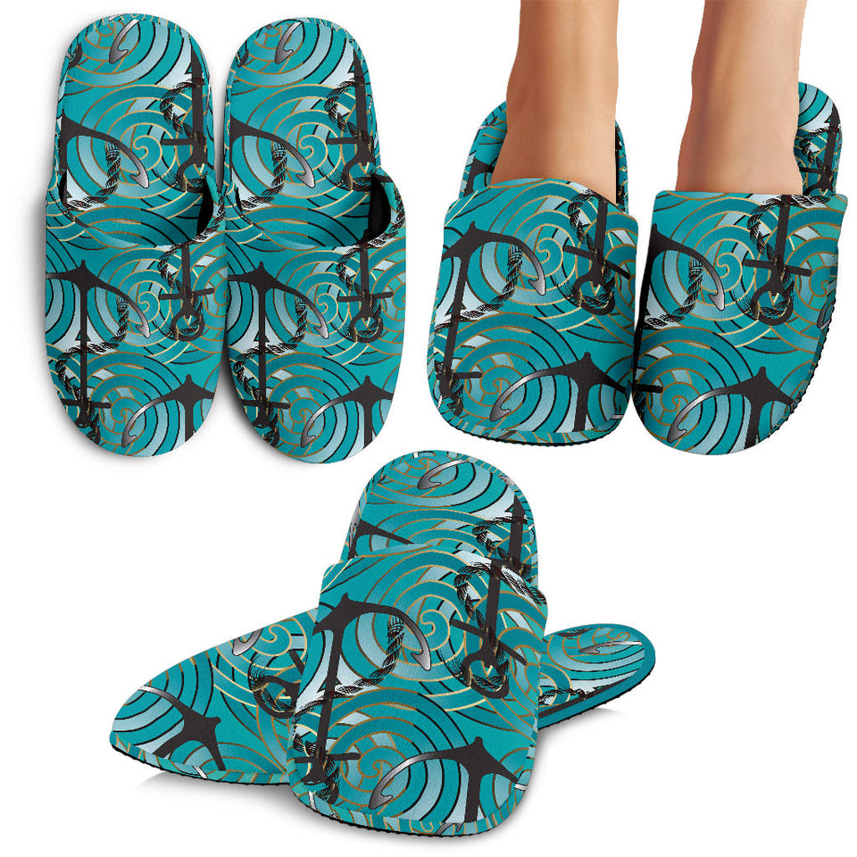 Anchor Nautical Green Background Slippers