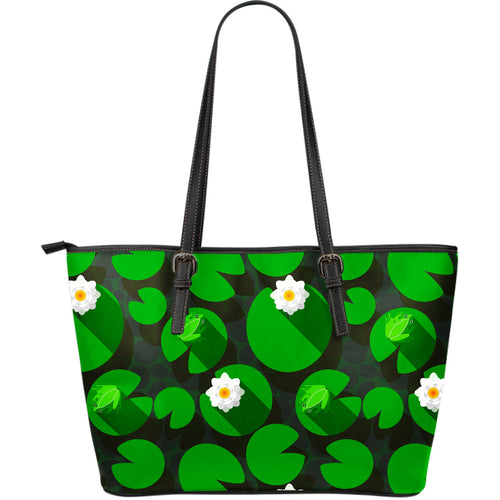 Frog Waterlily Pattern Large Leather Tote Bag