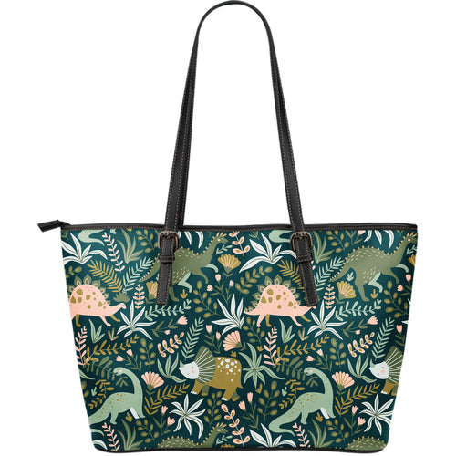 Dinosaurs Tropical Leaves Flower Pattern Large Leather Tote Bag