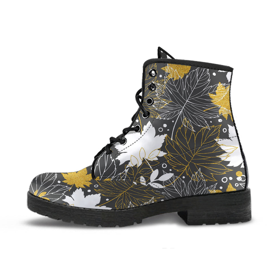 Beautiful Gold Autumn Maple Leaf Pattern Leather Boots