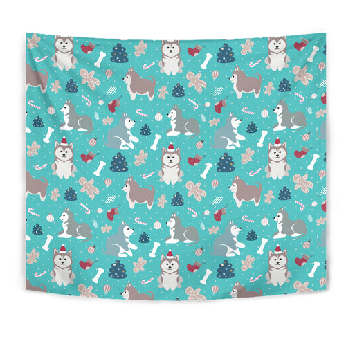 Christmas Cute Siberian Husky Puppie Pattern Wall Tapestry