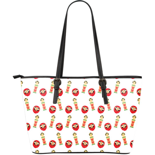 Daruma Japanese Wooden Doll Large Leather Tote Bag