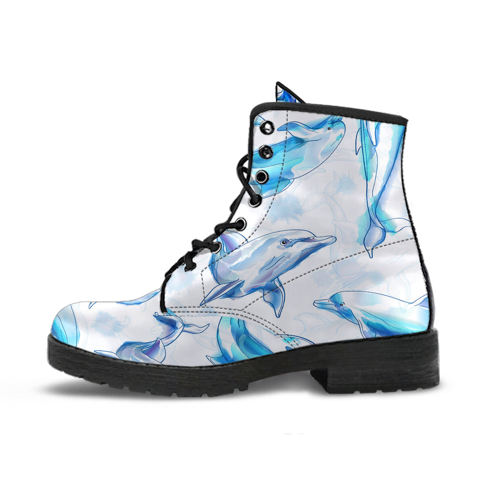 Watercolor Dolphin Pattern Leather Boots