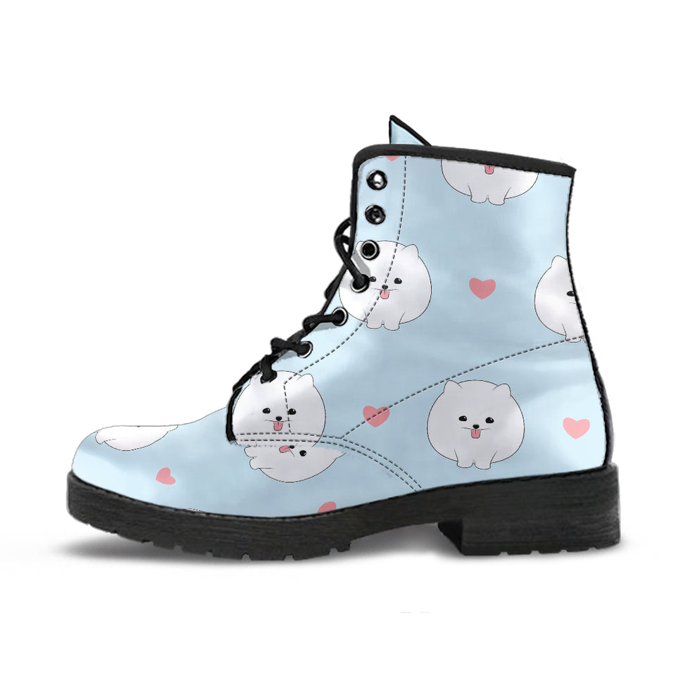 White Cute Pomeranian Pattern Leather Boots