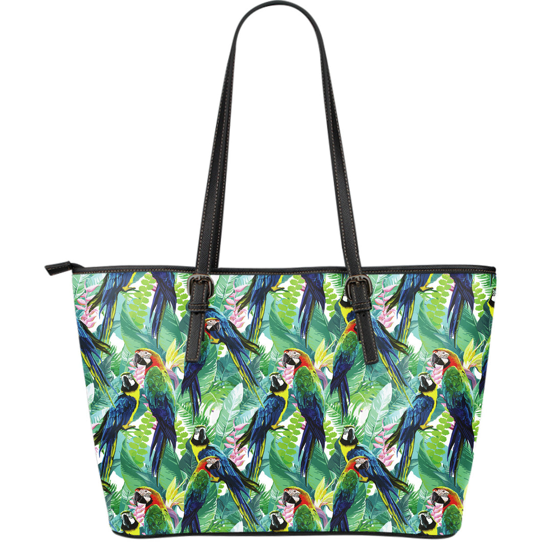 Colorful Parrot Exotic Flower Leaves Large Leather Tote Bag