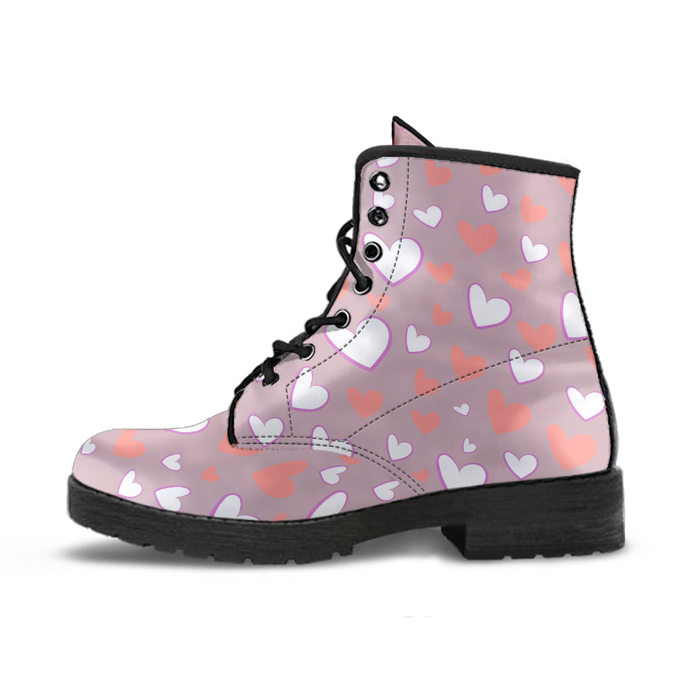 Coral White Heart Pattern Leather Boots