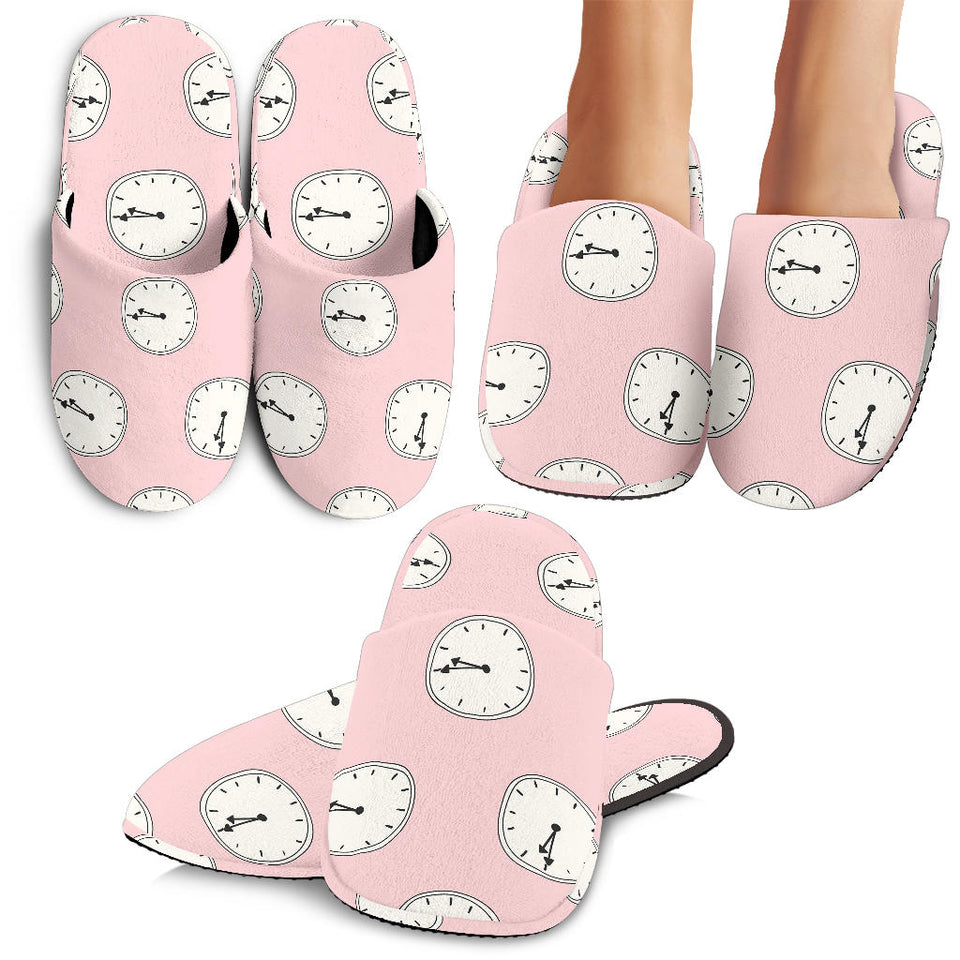 Clock Pattern Pink Blackground Slippers